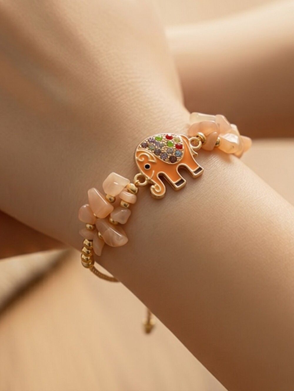 Carnelian Crystal Beaded Elephant Bracelet Adjustable String Gold Enamel Charm